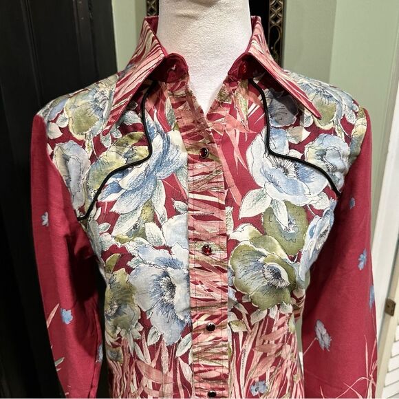 NOS USA Made Tem Tex Western Button Down Floral Rockabilly Snap Shirt Size 12 - Picture 2 of 10